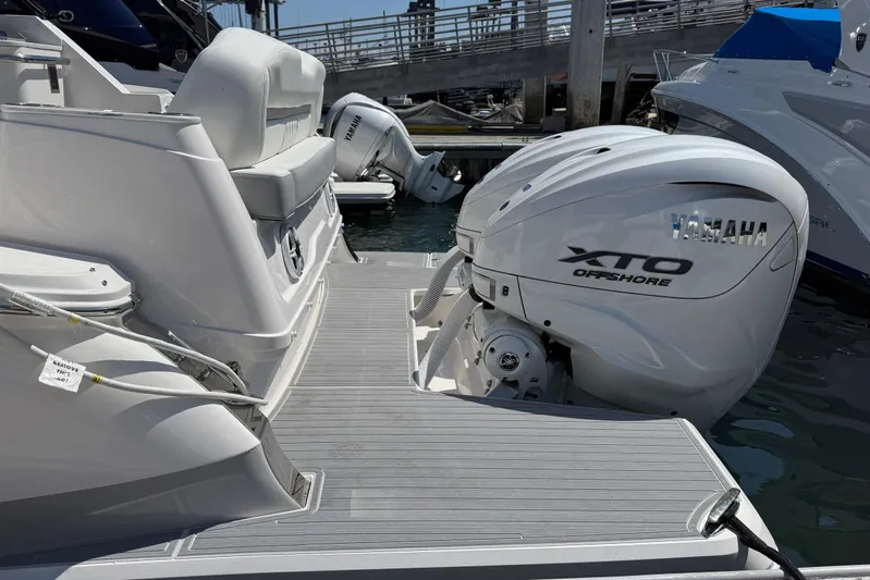 36 Xo Yacht Photos Pics 2026 Regal 36 XO boat with Yamaha XTO Offshore engines at dock.