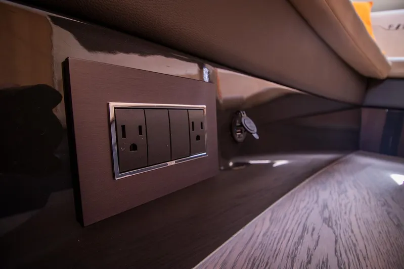  Yacht Photos Pics Power outlet and USB port on 2021 Fairline F Line 33 yacht interior.