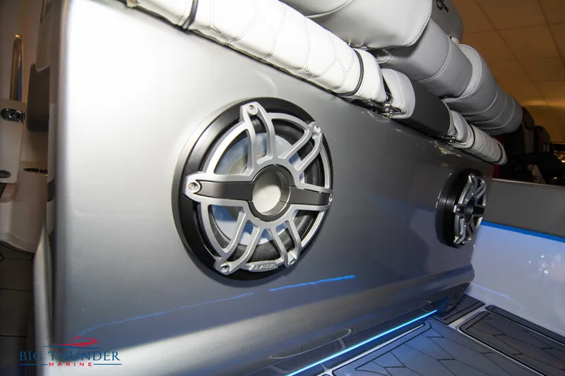  Yacht Photos Pics 2023 Fountain 34 SC boat interior with premium speakers and seating.