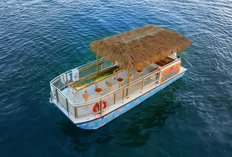 Tiki International Yacht Photos Pics 2023 Beachcat 26 Tiki COI boat with thatched roof on open water.