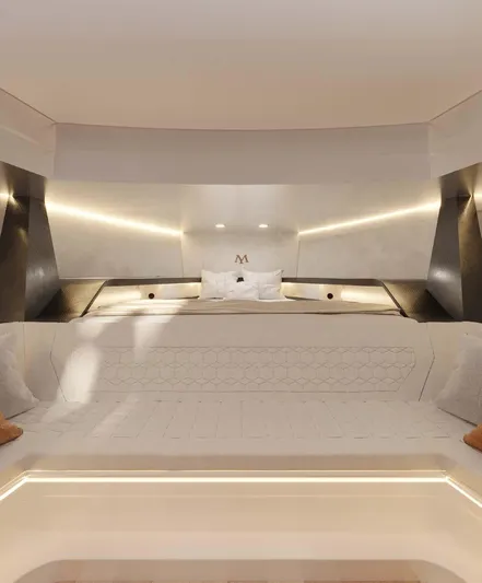 Max44r Yacht Photos Pics Luxurious interior of 2025 Maxim Yachts MAX44R, featuring elegant bedding and ambient lighting.