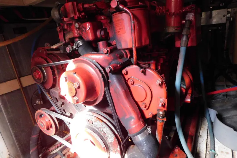 Susan Gail Yacht Photos Pics Engine of 1986 Grand Banks 46 Classic boat, showcasing mechanical components and belts.