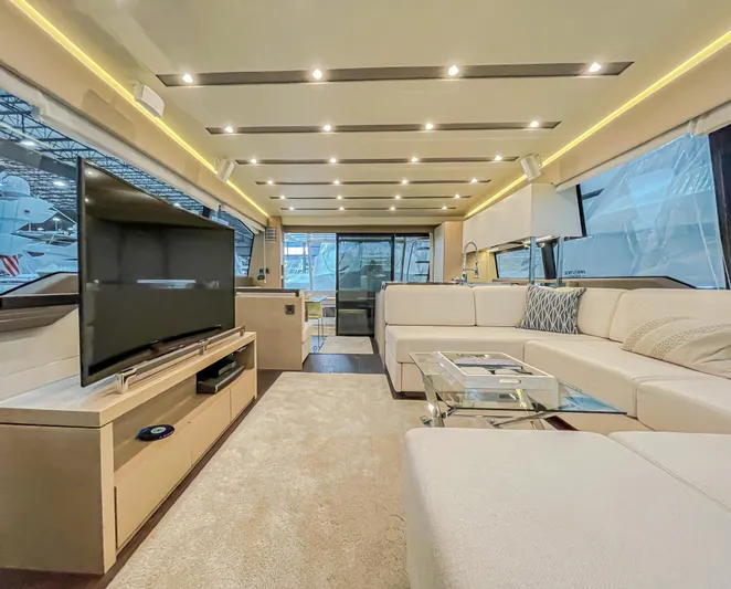 Total Package Yacht Photos Pics Luxurious interior of 2016 Prestige 680 Flybridge yacht with modern furnishings and large TV.