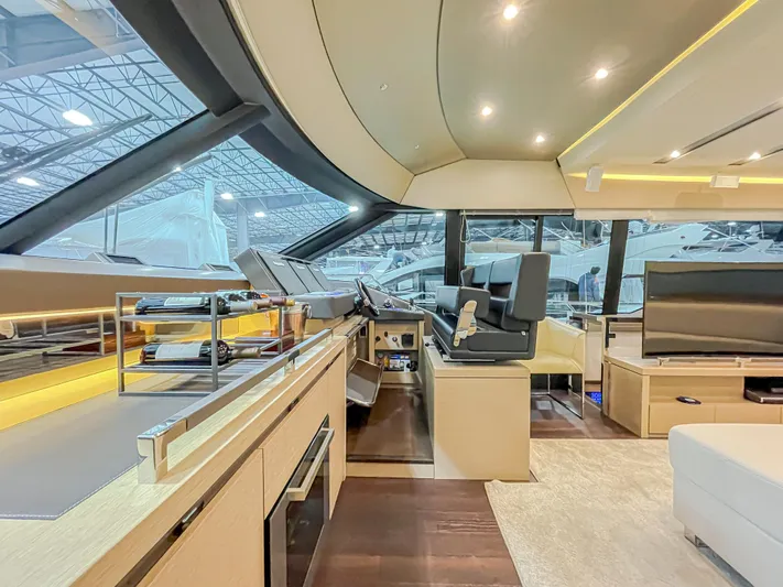 Total Package Yacht Photos Pics Luxurious interior of 2016 Prestige 680 Flybridge yacht with modern helm and seating area.