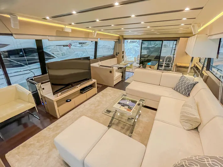 Total Package Yacht Photos Pics Luxurious interior of 2016 Prestige 680 Flybridge yacht with modern furnishings and large windows.
