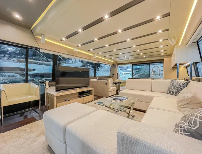 Total Package Yacht Photos Pics Luxurious interior of 2016 Prestige 680 Flybridge yacht with modern furnishings and large windows.