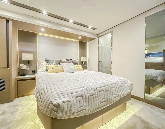 Total Package Yacht Photos Pics Luxurious bedroom interior of 2016 Prestige 680 Flybridge yacht with modern decor.