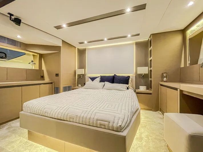 Total Package Yacht Photos Pics Luxurious bedroom interior of 2016 Prestige 680 Flybridge yacht, featuring modern design and ambient lighting.