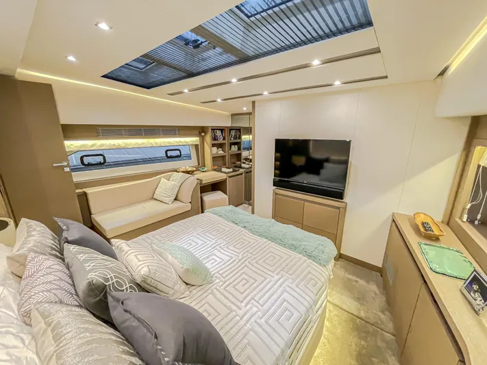 Total Package Yacht Photos Pics Luxurious bedroom interior of 2016 Prestige 680 Flybridge yacht with skylight and modern decor.