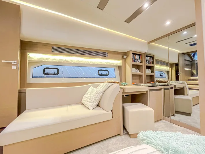 Total Package Yacht Photos Pics Luxurious interior of 2016 Prestige 680 Flybridge yacht with elegant seating and modern decor.