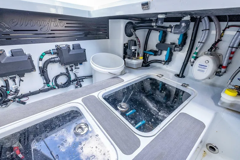 54 Offshore Yacht Photos Pics 2024 Yellowfin 54 Offshore boat interior with advanced wiring and equipment.