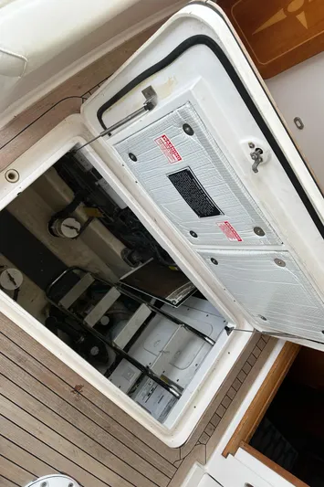 Bay Saddle Yacht Photos Pics Engine compartment of 2005 Sabre 38 Hardtop Express with open hatch.