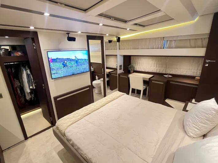 Princess Of The Seas Yacht Photos Pics Luxurious bedroom interior of 2017 Jeanneau Prestige 750 yacht with modern amenities.