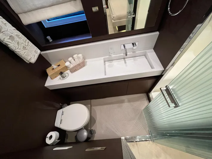 Princess Of The Seas Yacht Photos Pics Luxurious bathroom in 2017 Jeanneau Prestige 750 yacht with modern fixtures and elegant design.