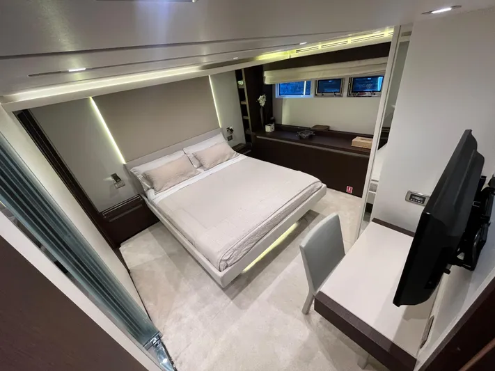 Princess Of The Seas Yacht Photos Pics Luxurious bedroom interior of 2017 Jeanneau Prestige 750 yacht with modern furnishings.
