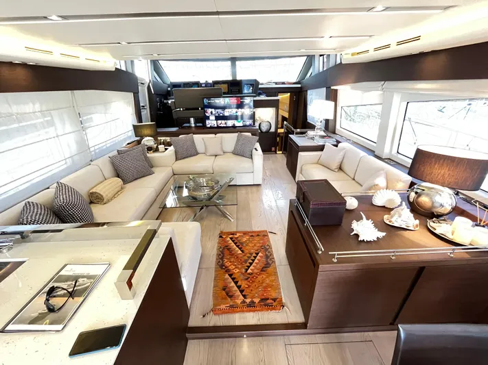 Princess Of The Seas Yacht Photos Pics Luxurious interior of 2017 Jeanneau Prestige 750 yacht with elegant seating and modern decor.