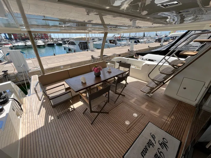 Princess Of The Seas Yacht Photos Pics Luxurious Jeanneau Prestige 750 yacht deck with dining area, overlooking marina, 2017 model.