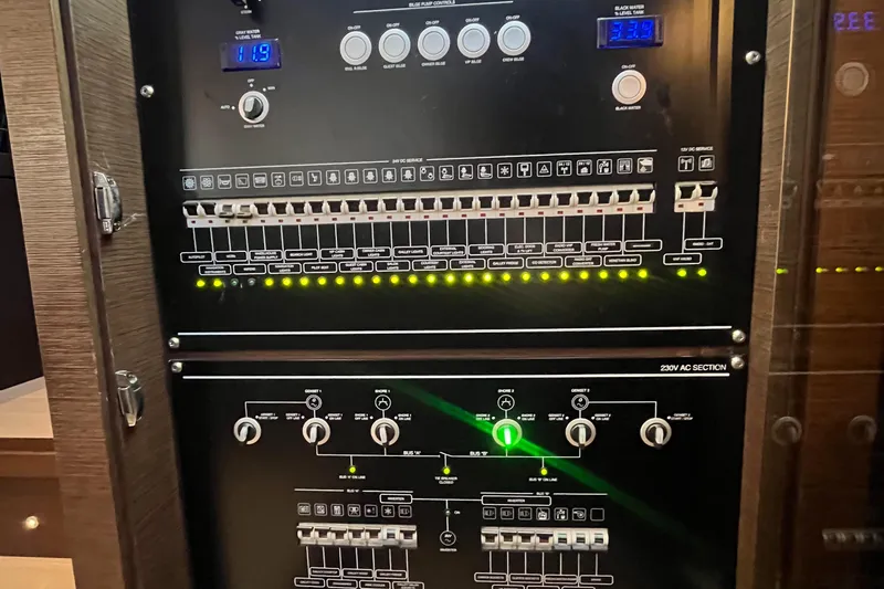 Princess Of The Seas Yacht Photos Pics Electrical control panel on a 2017 Jeanneau Prestige 750 yacht.