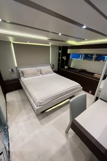 Princess Of The Seas Yacht Photos Pics Luxurious bedroom interior of 2017 Jeanneau Prestige 750 yacht with modern design and ambient lighting.