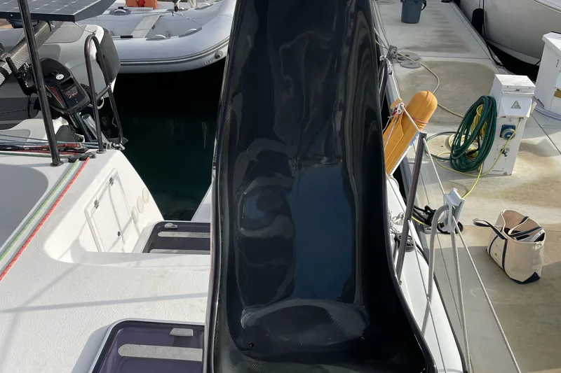 Inconceivable Yacht Photos Pics 2018 Outremer 4X yacht deck with sleek black slide and docked accessories.