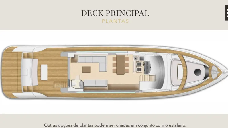  Yacht Photos Pics Deck layout of 2020 Intermarine 80 yacht, featuring spacious seating and helm area.