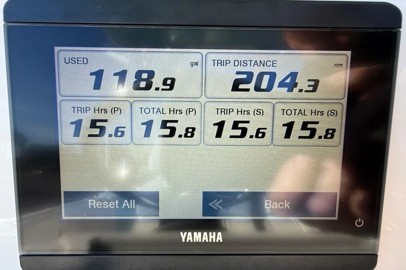  Yacht Photos Pics Display screen showing fuel usage and trip data for 2024 Sea Fox 288 Commander.