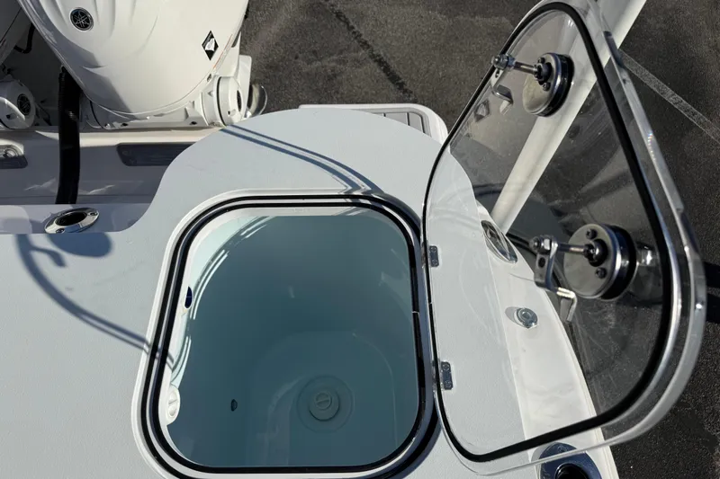  Yacht Photos Pics Open hatch on 2024 Sea Fox 288 Commander boat, showcasing interior details.