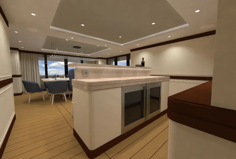 Magnolia Yacht Photos Pics Luxurious interior of 2026 Magnolia Yachts, featuring modern kitchen and dining area.