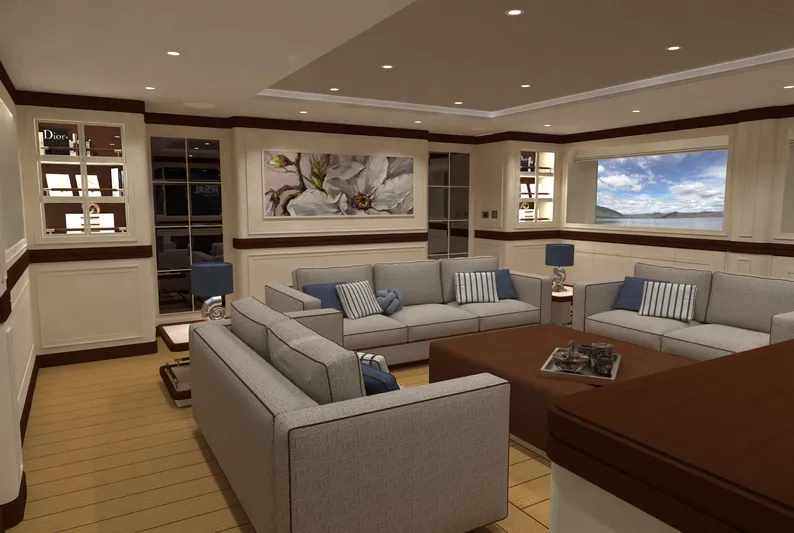 Magnolia Yacht Photos Pics Luxurious interior of 2026 Magnolia Yachts, featuring elegant seating and ocean view.