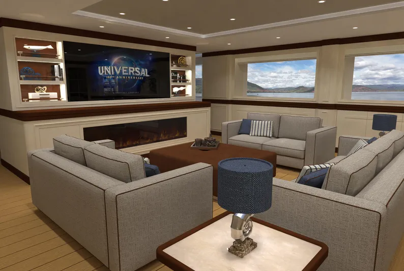 Magnolia Yacht Photos Pics Luxurious 2026 Magnolia Yachts interior with elegant sofas, large windows, and entertainment system.