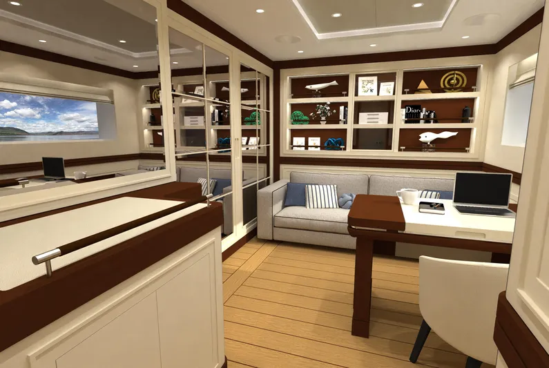 Magnolia Yacht Photos Pics Luxurious yacht interior with modern design, featuring a cozy lounge and workspace. Magnolia Yachts 2026.