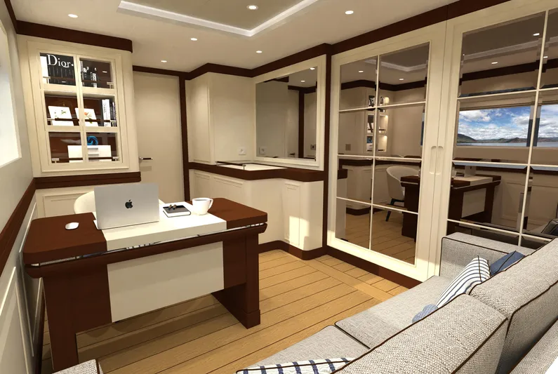 Magnolia Yacht Photos Pics Luxurious 2026 Magnolia Yachts interior with elegant office space and modern furnishings.