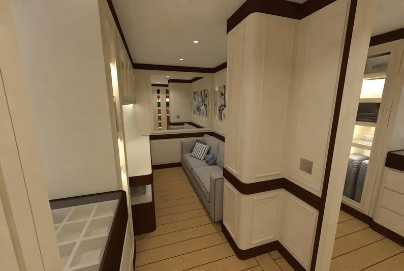 Magnolia Yacht Photos Pics Luxurious interior of 2026 Magnolia Yachts, featuring elegant wood paneling and modern furnishings.