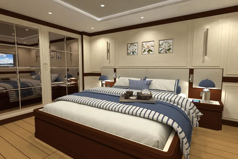 Magnolia Yacht Photos Pics Luxurious bedroom interior on 2026 Magnolia Yachts, featuring elegant decor and modern amenities.
