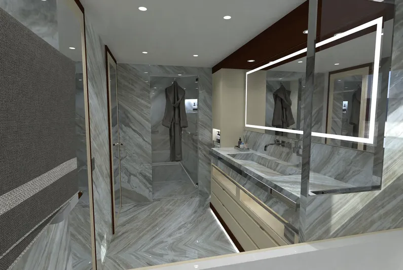 Magnolia Yacht Photos Pics Luxurious yacht bathroom with marble design, double sink, and modern lighting, Magnolia Yachts 2026.