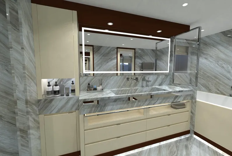 Magnolia Yacht Photos Pics Luxurious yacht bathroom with marble finishes, modern fixtures, and elegant lighting, Magnolia Yachts 2026.