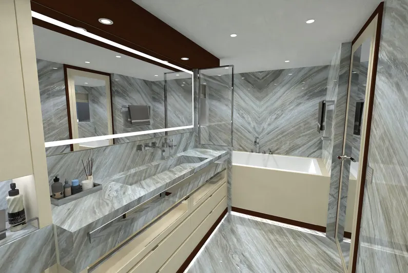 Magnolia Yacht Photos Pics Luxurious yacht bathroom with marble design, modern fixtures, and spacious layout, Magnolia Yachts 2026.