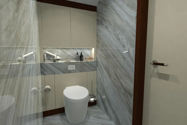 Magnolia Yacht Photos Pics Luxurious yacht bathroom with modern design, featuring sleek fixtures and elegant marble walls, 2026 model.