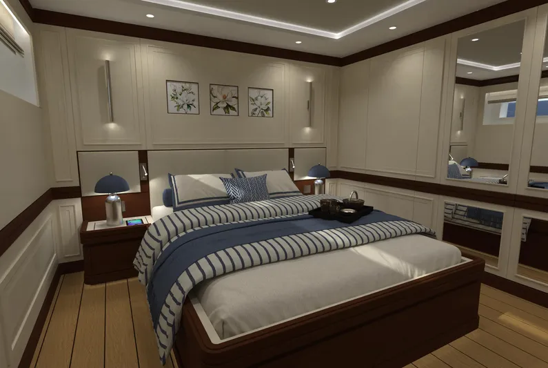 Magnolia Yacht Photos Pics Luxurious bedroom interior on 2026 Magnolia Yachts, featuring elegant decor and modern amenities.