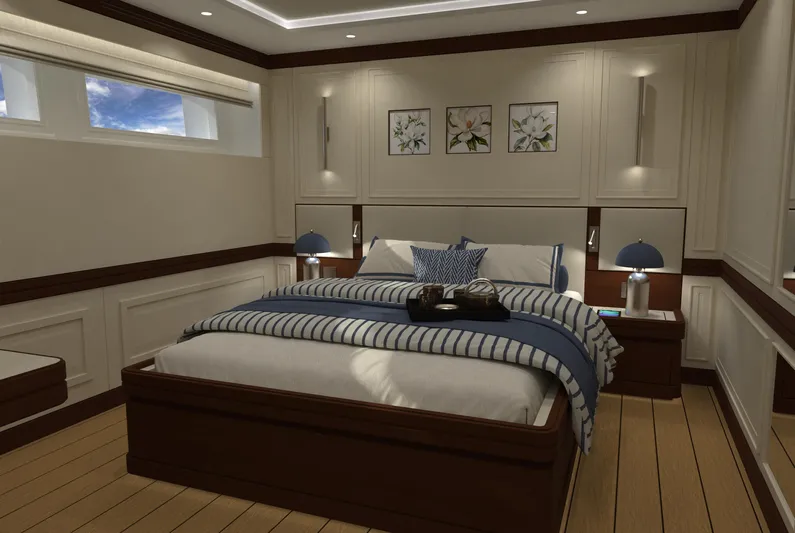 Magnolia Yacht Photos Pics Luxurious 2026 Magnolia Yachts bedroom with elegant decor and modern lighting.