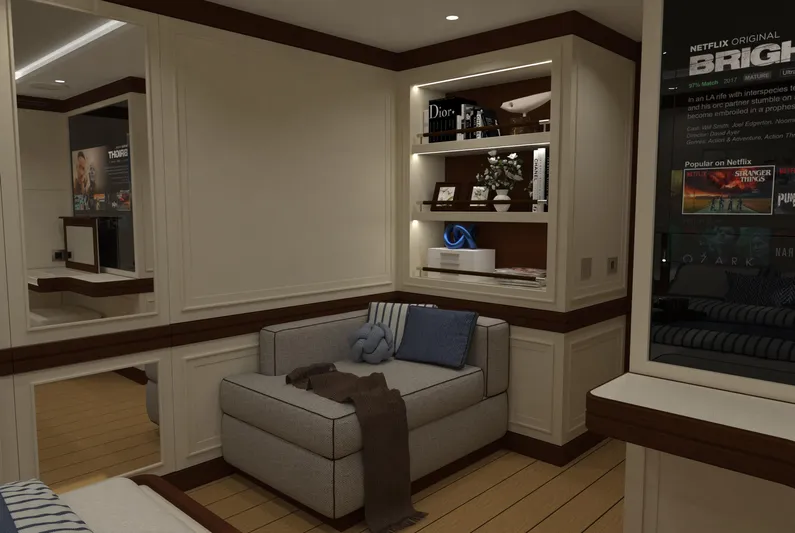 Magnolia Yacht Photos Pics Luxurious yacht interior with cozy seating, elegant shelving, and modern decor, Magnolia Yachts 2026.