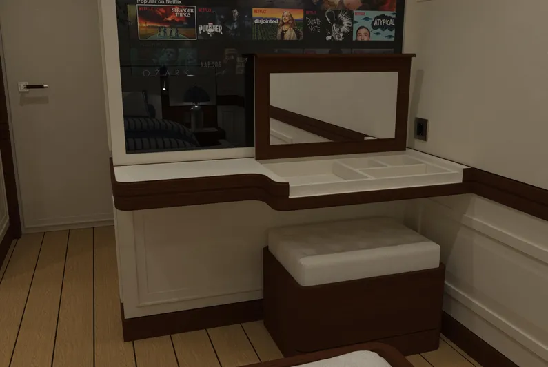 Magnolia Yacht Photos Pics Luxurious vanity area on 2026 Magnolia Yachts, featuring elegant wood and modern design.