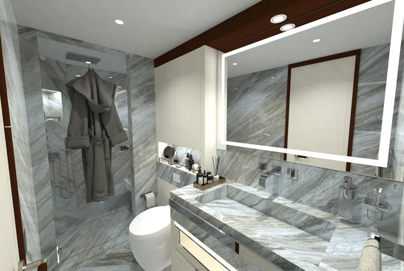 Magnolia Yacht Photos Pics Luxurious yacht bathroom with marble finishes, modern fixtures, and elegant lighting, 2026 Magnolia Yachts.