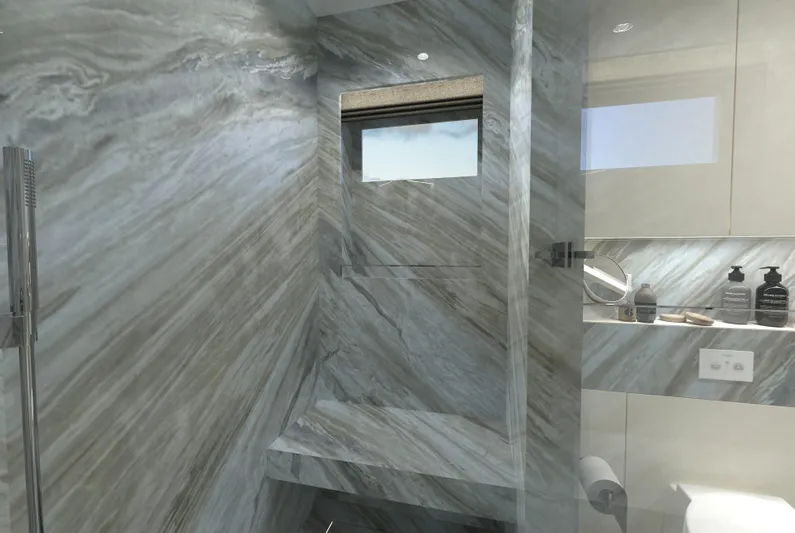 Magnolia Yacht Photos Pics Luxurious marble bathroom interior on a 2026 Magnolia Yachts custom model.