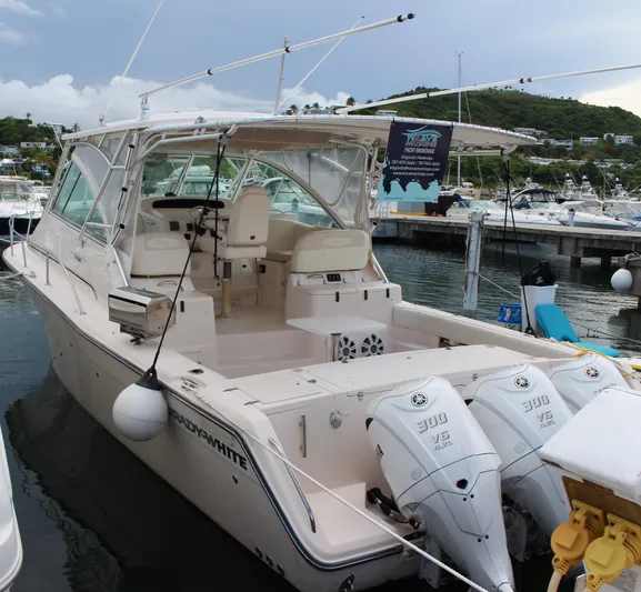  Yacht Photos Pics 2007 Grady-White 360 Express boat docked at marina with twin 350 HP engines.