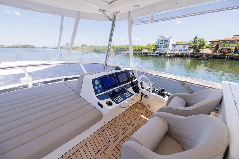 Sea Zar Yacht Photos Pics 2019 Sunseeker Manhattan 66 yacht helm with modern navigation equipment and waterfront view.