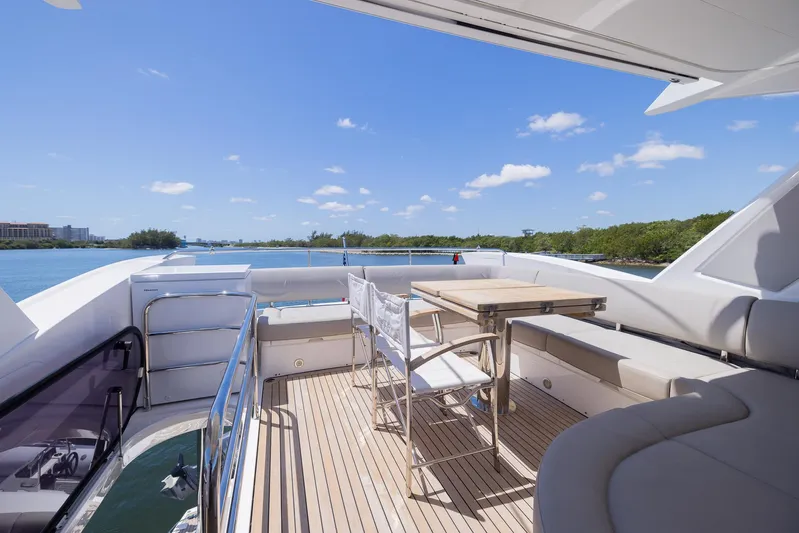 Sea Zar Yacht Photos Pics 2019 Sunseeker Manhattan 66 yacht deck with seating and table, overlooking serene waters.