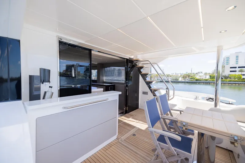 Sea Zar Yacht Photos Pics 2019 Sunseeker Manhattan 66 yacht deck with seating and waterfront view.