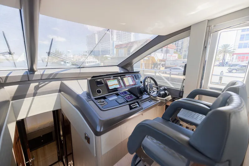 Sea Zar Yacht Photos Pics 2019 Sunseeker Manhattan 66 yacht helm station with modern navigation equipment.
