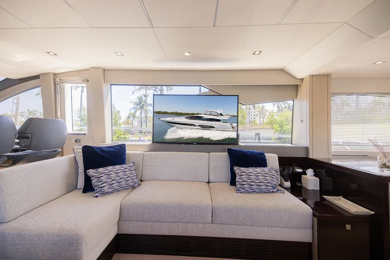 Sea Zar Yacht Photos Pics Luxurious interior of 2019 Sunseeker Manhattan 66 yacht with plush seating and large windows.